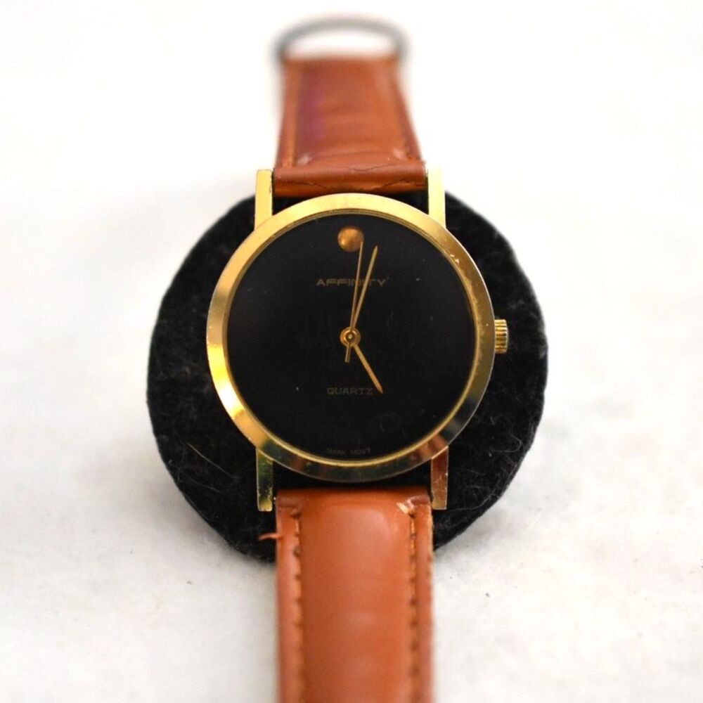 Affinity Casual Classic Black Face Gold Tone Brown Band New Battery Watch